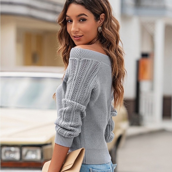 Gray Off The Shoulder Open Knit Sweater - Picture 4 of 4